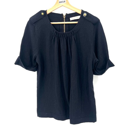 Tory Burch dark navy blue 100% merino wool sweater blouse half sleeve gold top L - Picture 1 of 13